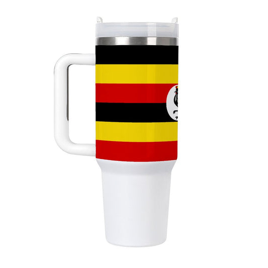[Brand] mug featuring bold, striped Ugandan flag design.