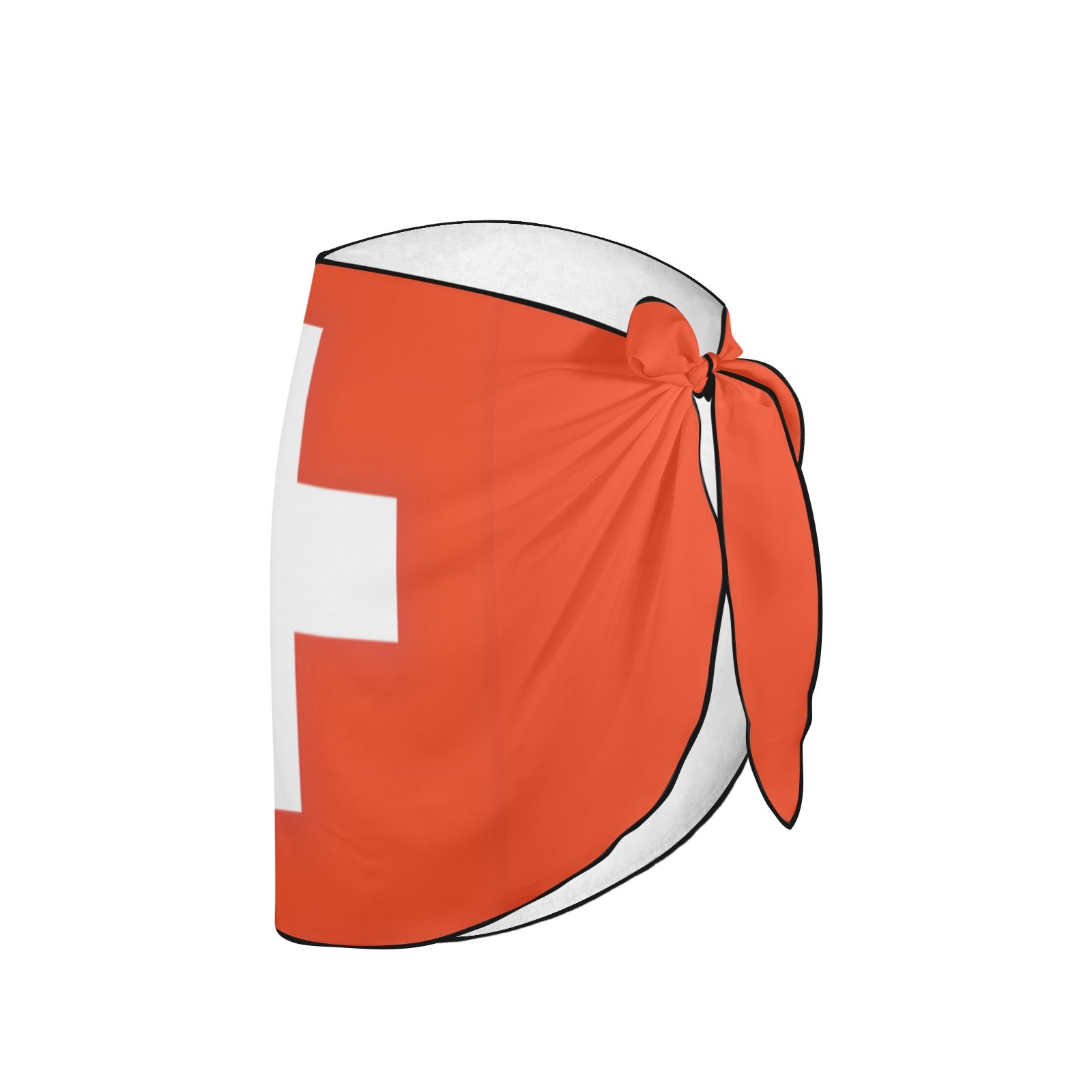 Red and white [Brand] sarong with tied side design.
