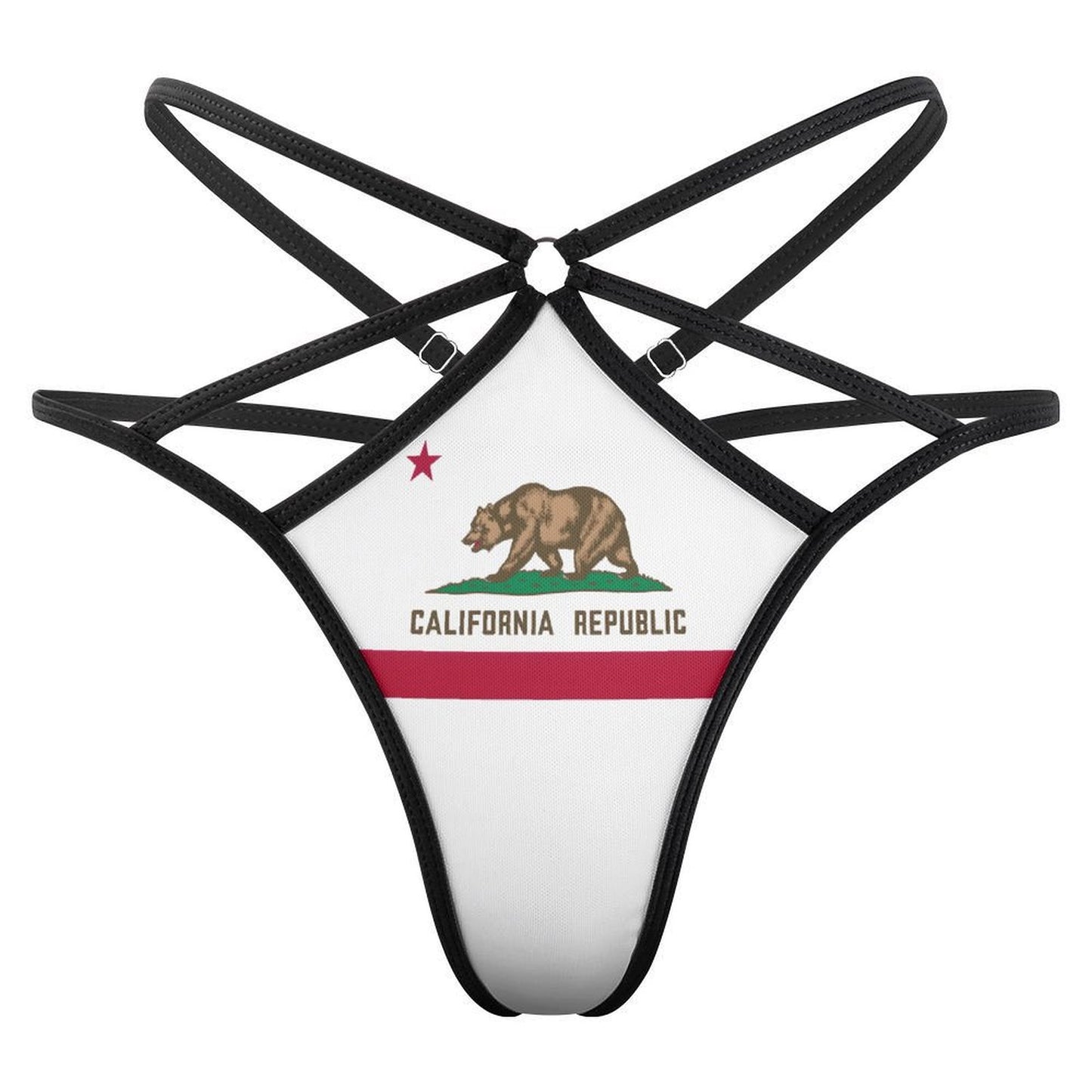 Black strappy underwear featuring California flag design from [Brand].