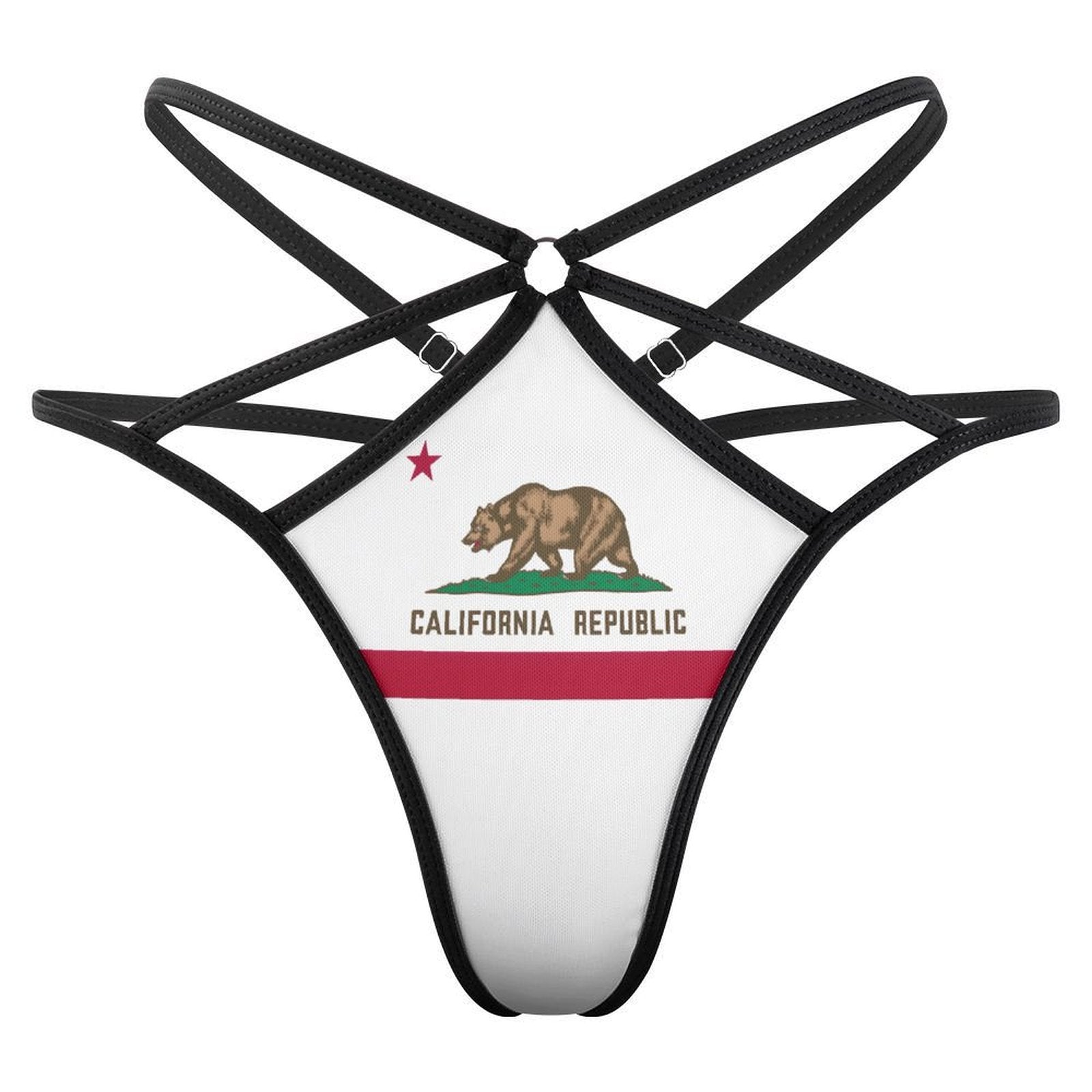 Black strappy underwear featuring California flag design from [Brand].