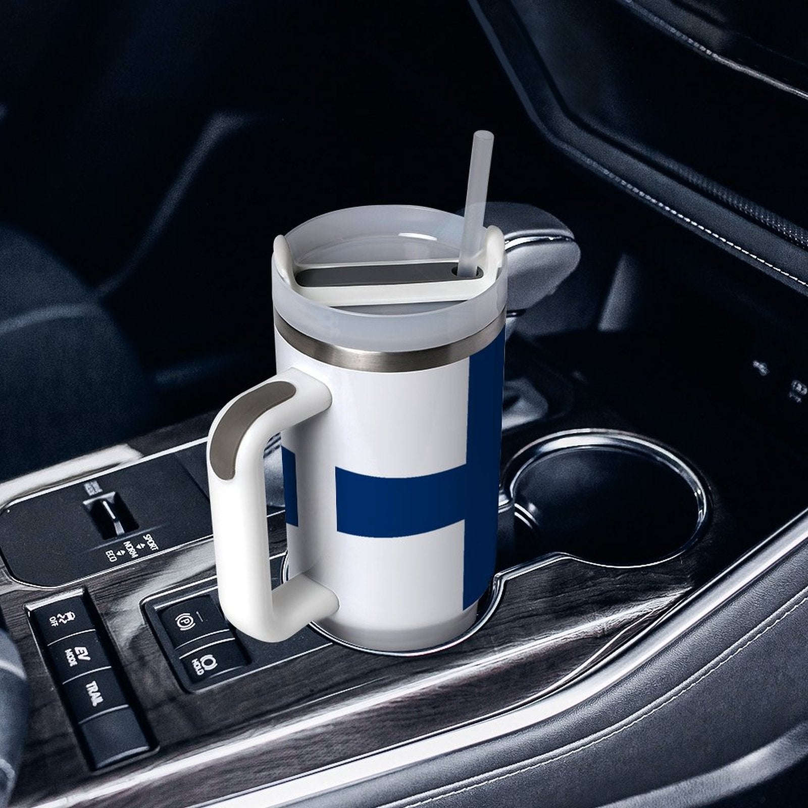 [Brand] travel mug with handle in car cup holder.