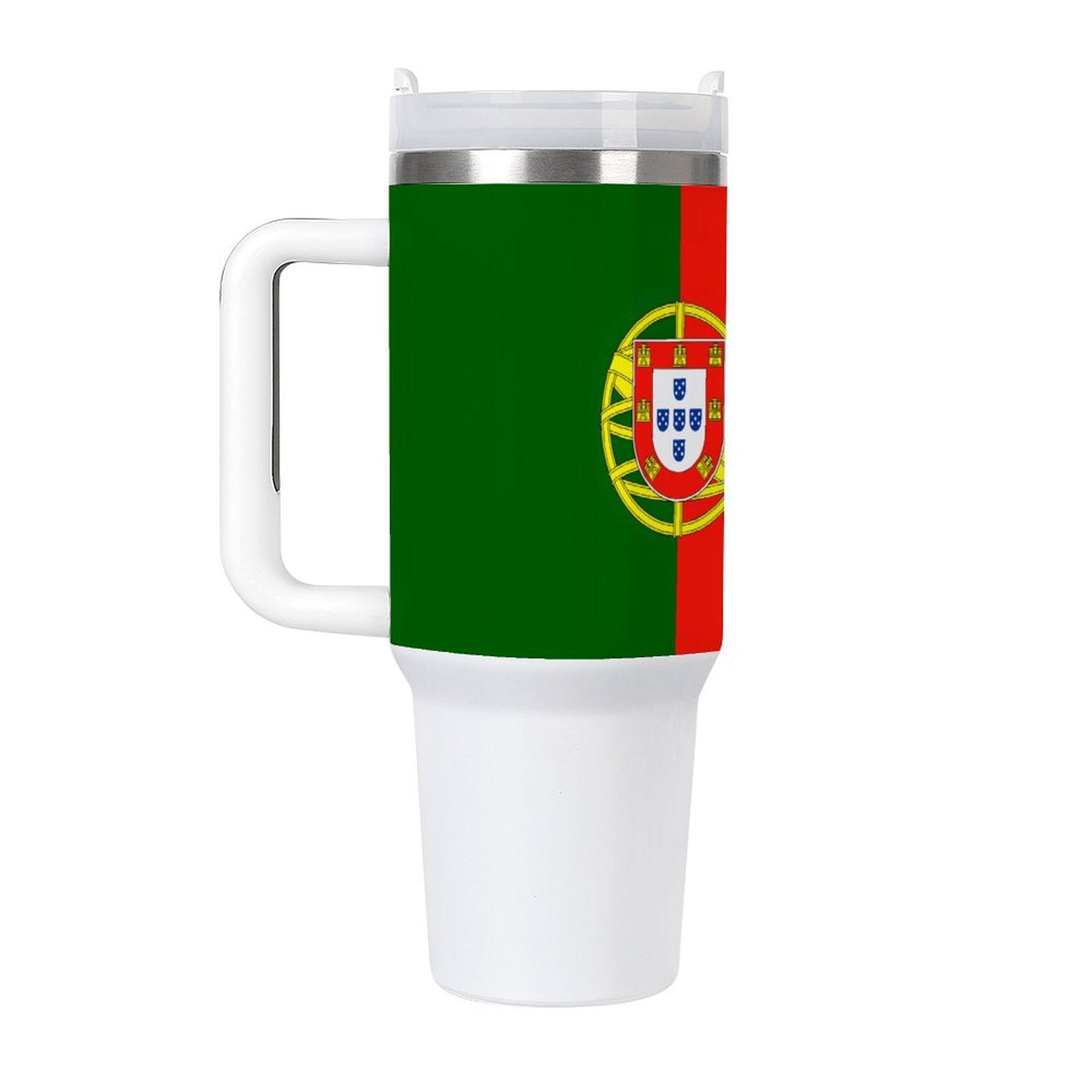 [Brand] travel mug featuring the Portugal flag design.