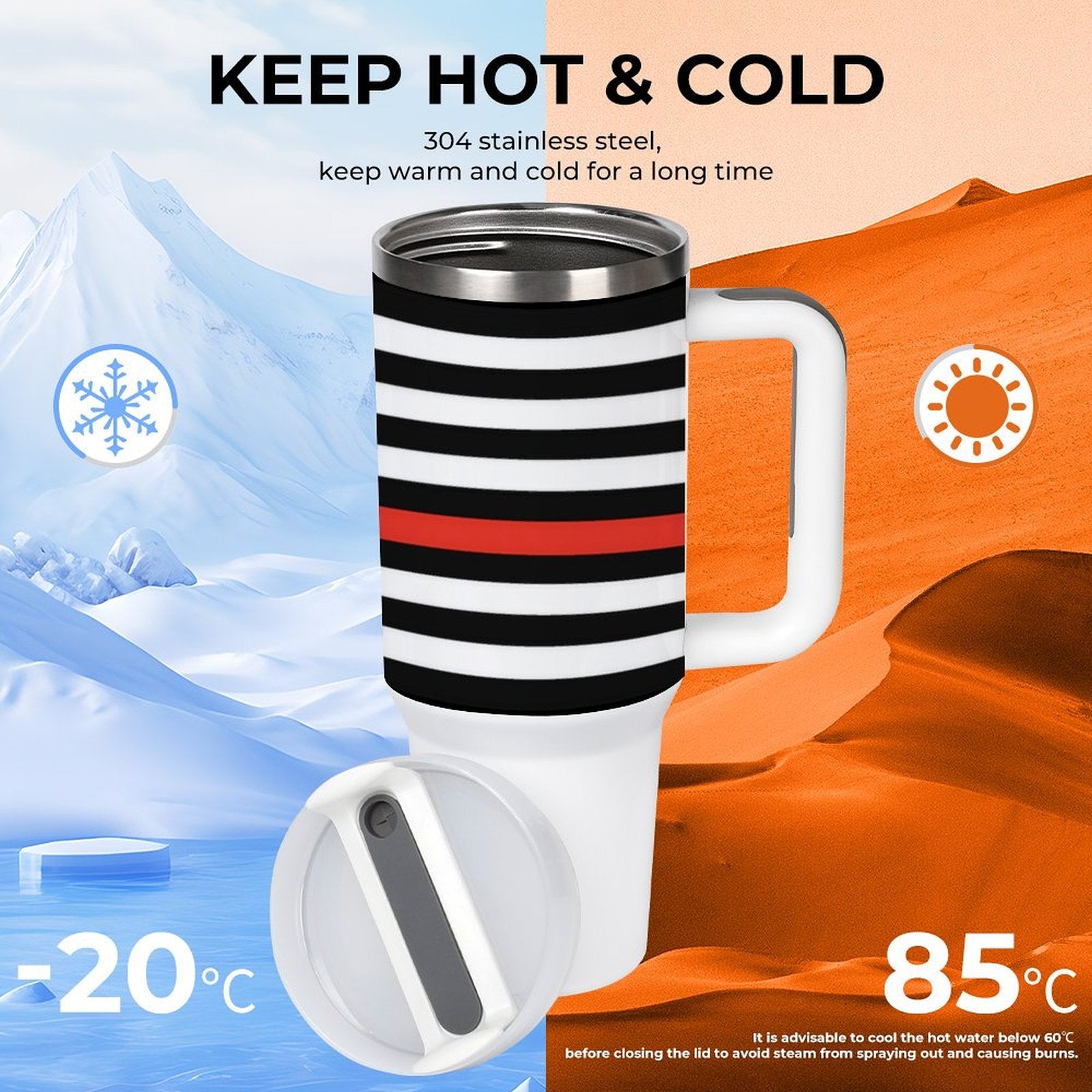 [Brand] stainless steel mug, striped design, retains hot or cold.