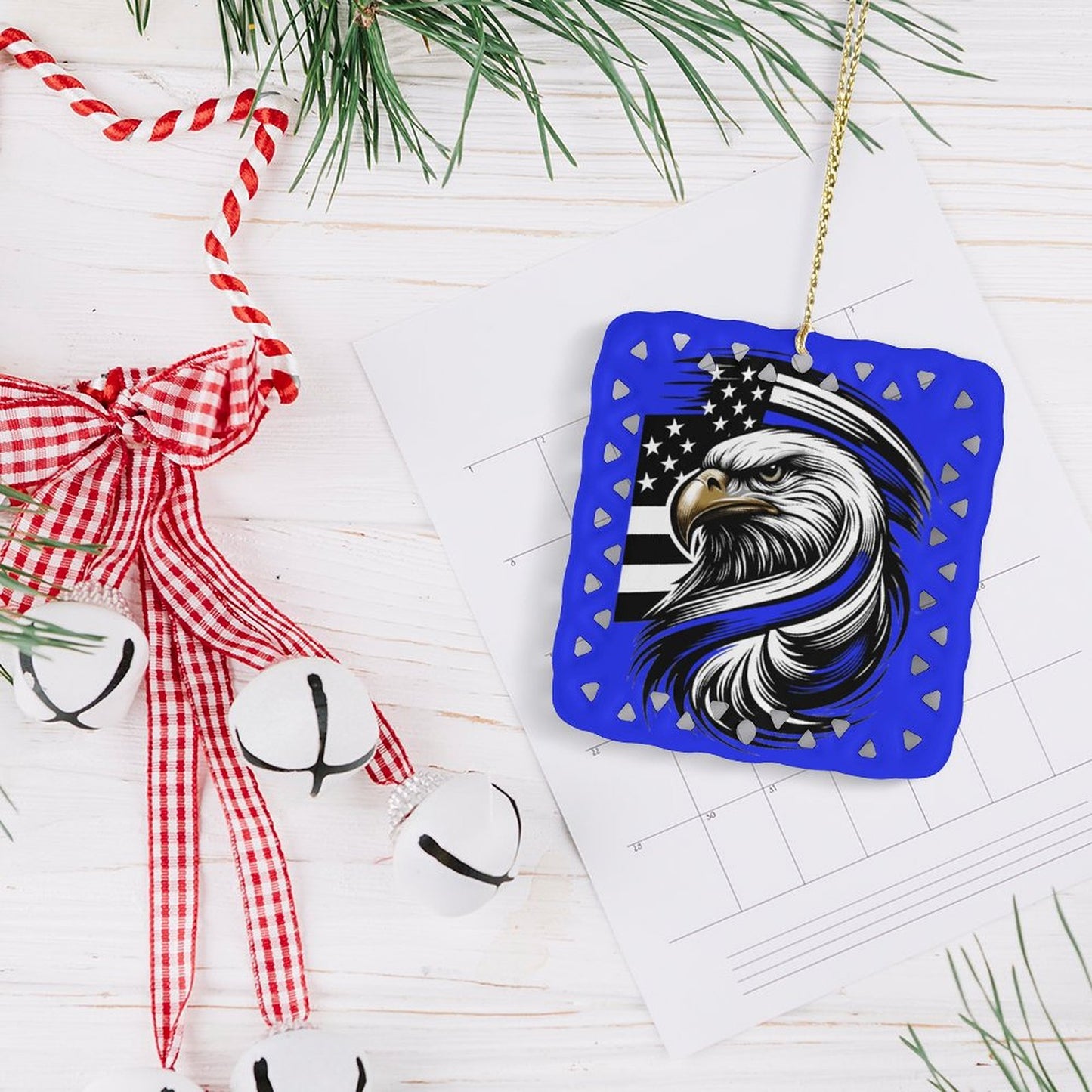 Thin Blue Line Flag Inspired Eagle Square Ceramic Ornament Made in the USA
