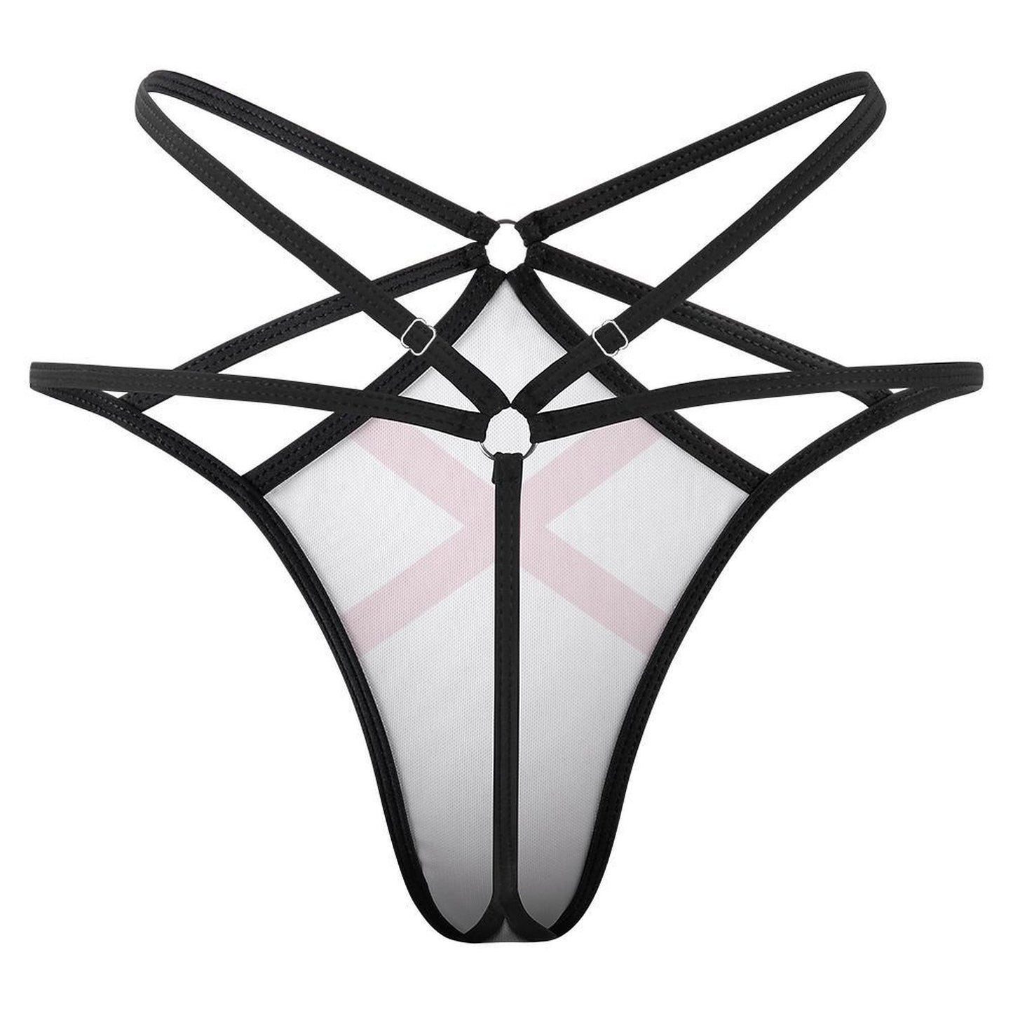 Black strappy bodysuit from [Brand] with geometric design.