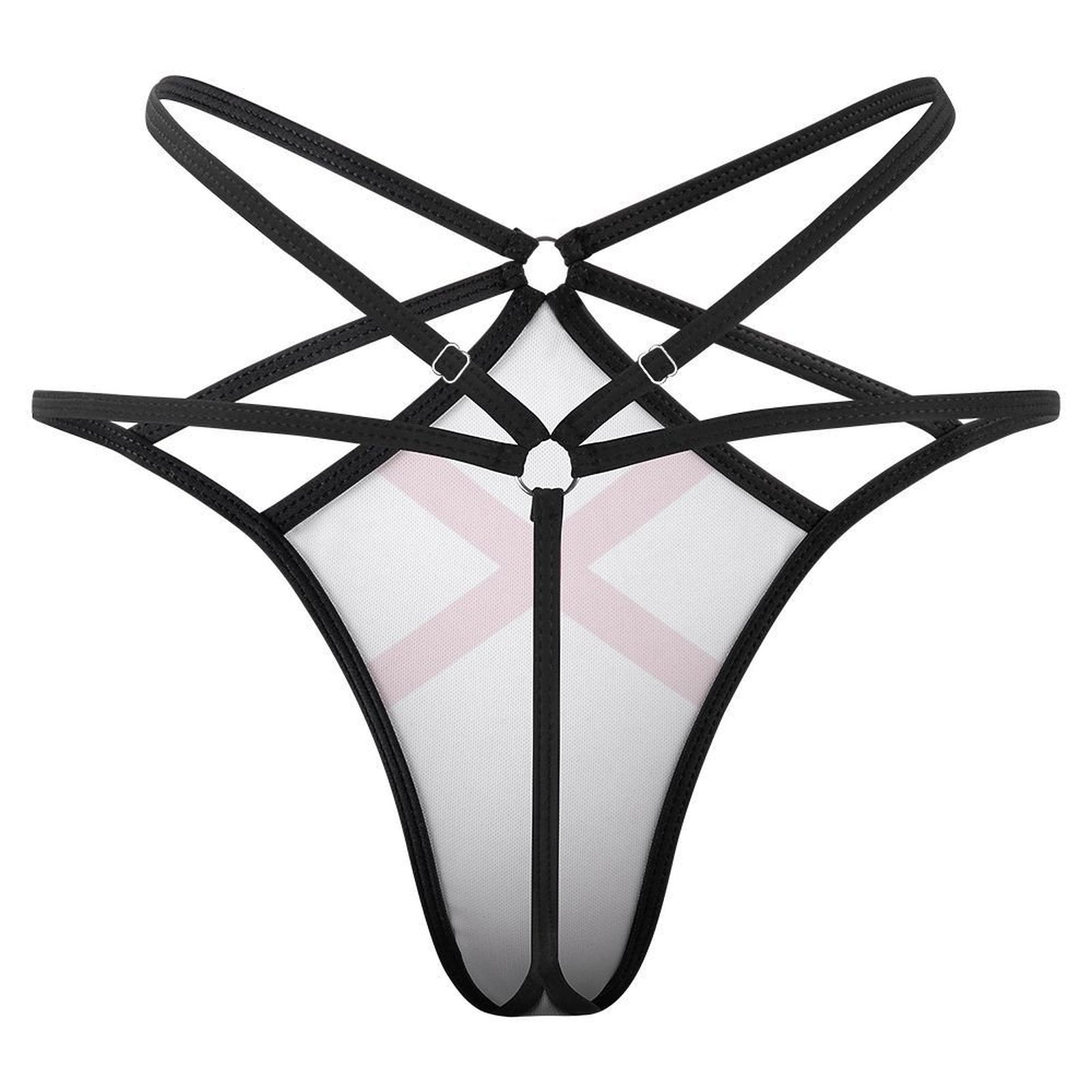 Black strappy bodysuit from [Brand] with geometric design.