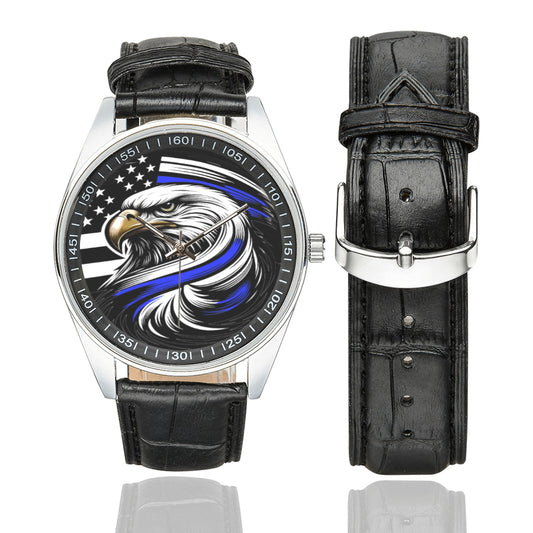 Thin Blue Line Flag Eagle Men's Casual  Leather Strap Watch