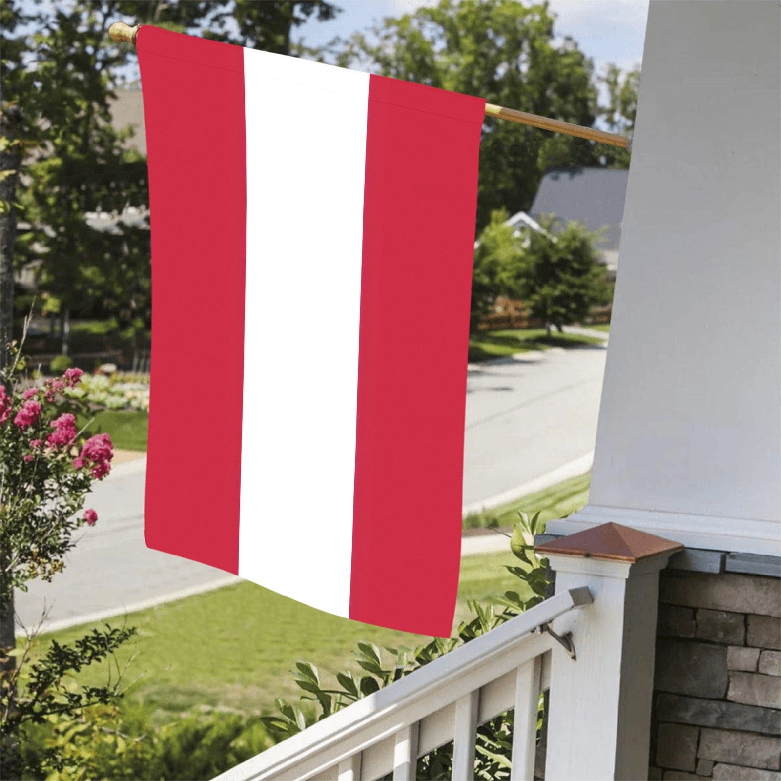 Vertical red and white flag by Luv My Flag. Porch.