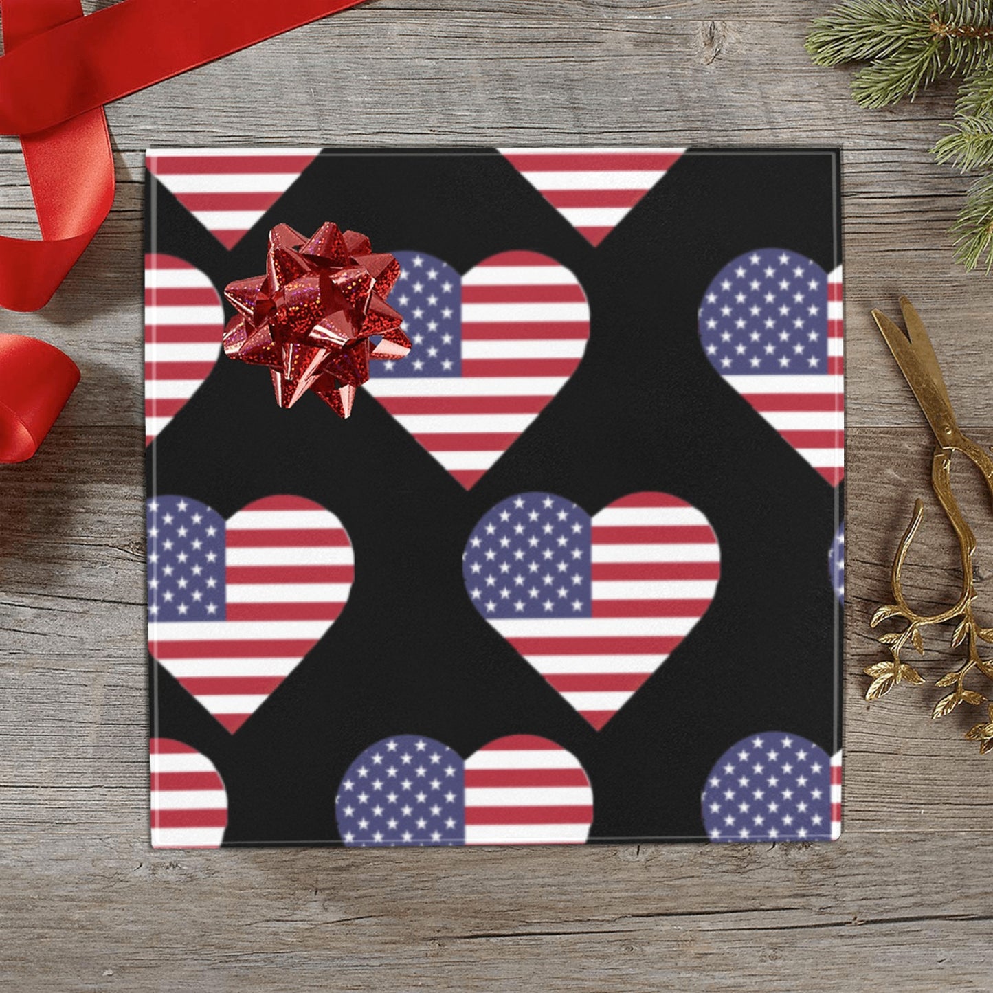 USA/American Flag Inspired Heart Pattern Custom Gift Wrapping Paper 58"x 22.5" (4 Rolls)