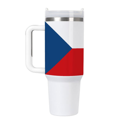 [Brand] travel mug with Czech flag design, sturdy handle.