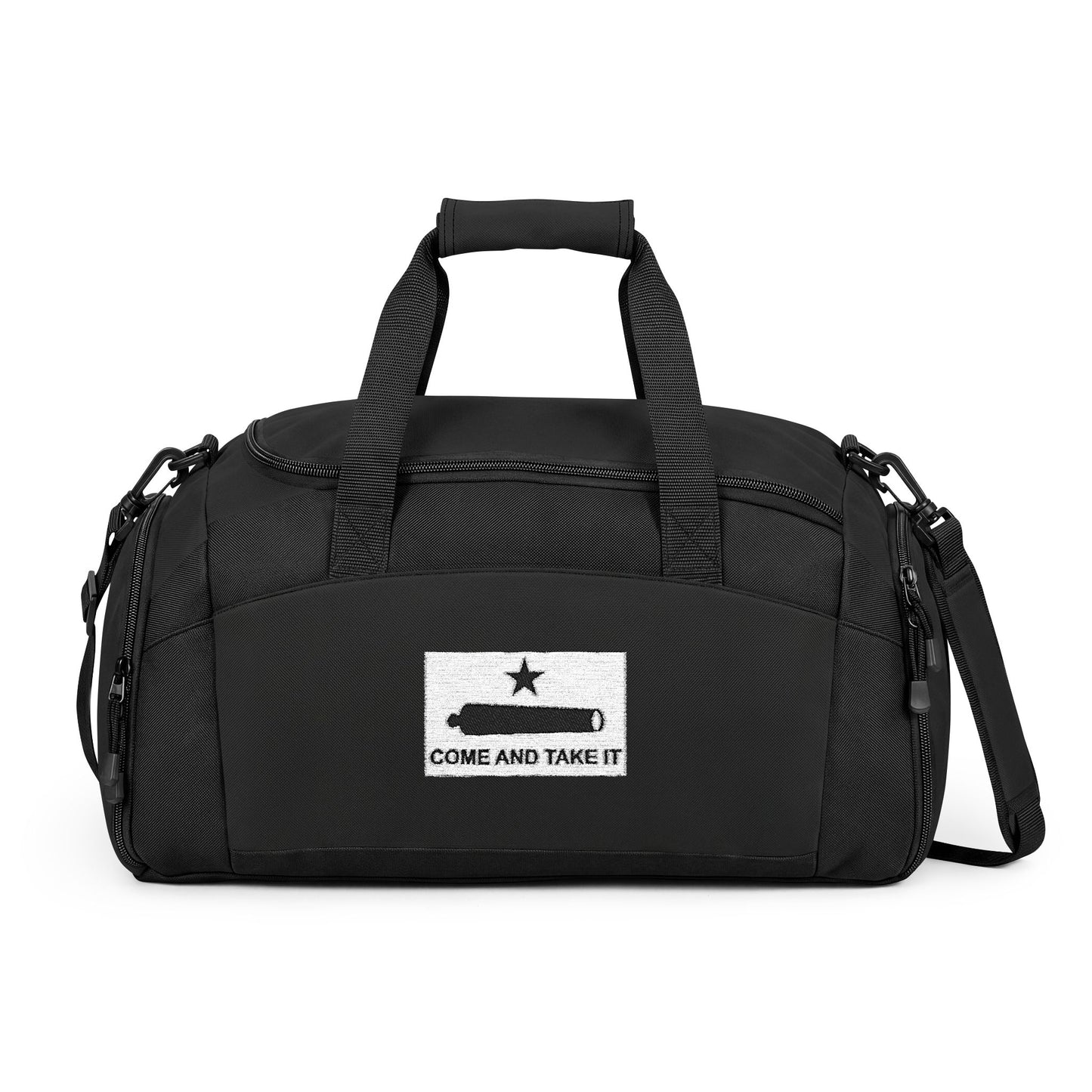 Come and Take It Flag Gym Bag — Black Duffle with Embroidered Come and Take It Flag