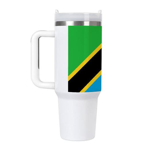 White travel mug with Tanzania flag design, [Brand].