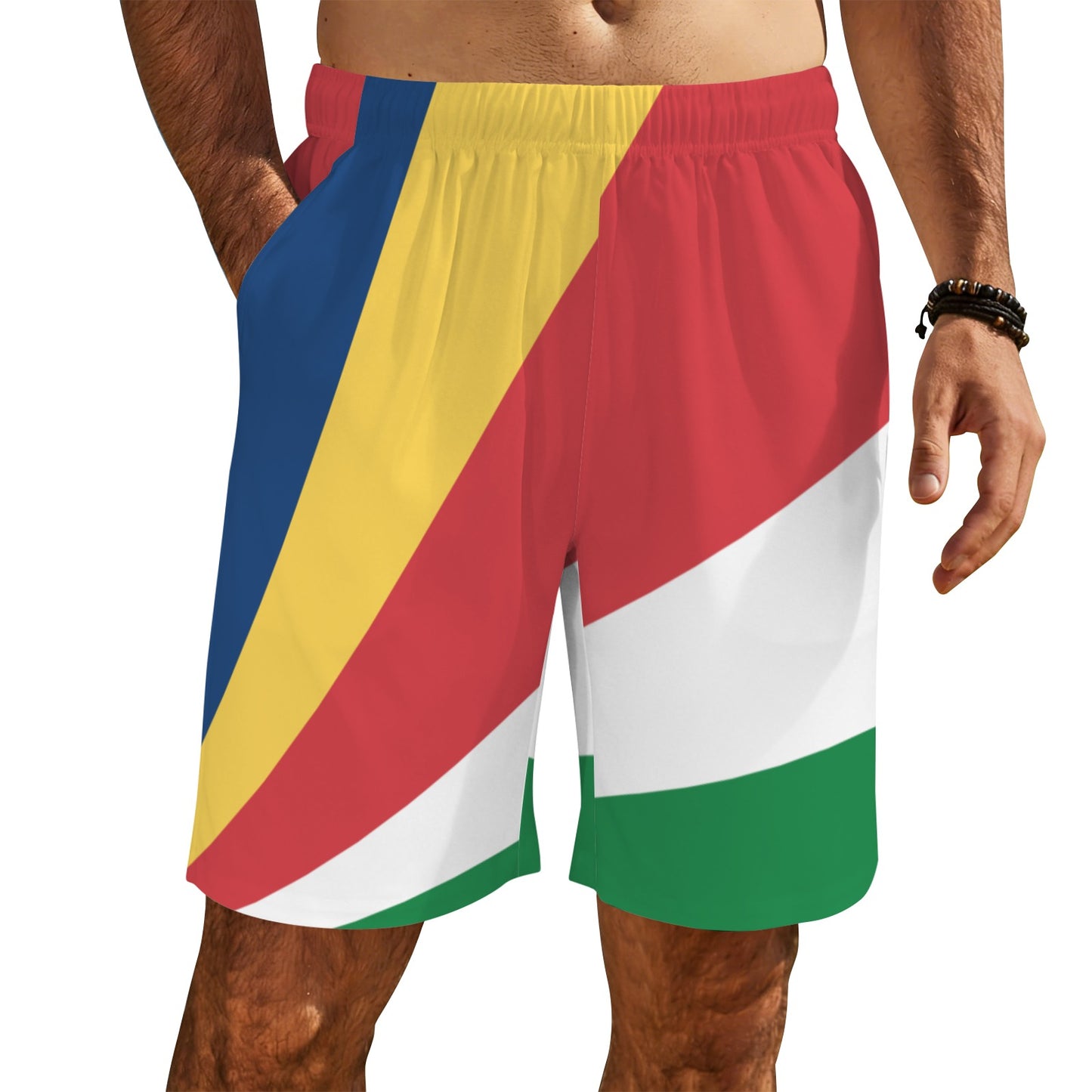 Seychelles Flag Inspired Men’s Draw String Pocket Beach Shorts Printed in the USA