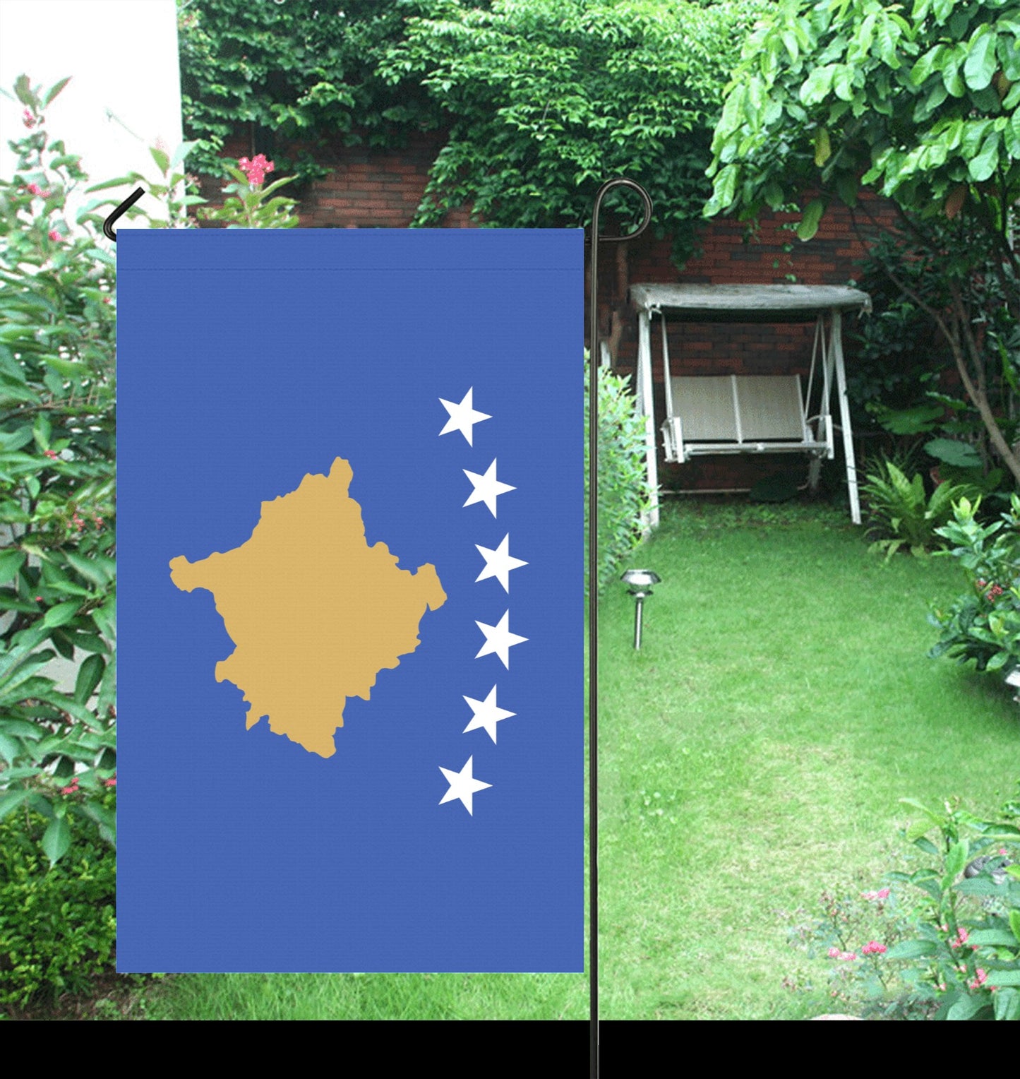 [Luv My Flag] garden flag with Kosovo design, backyard view.