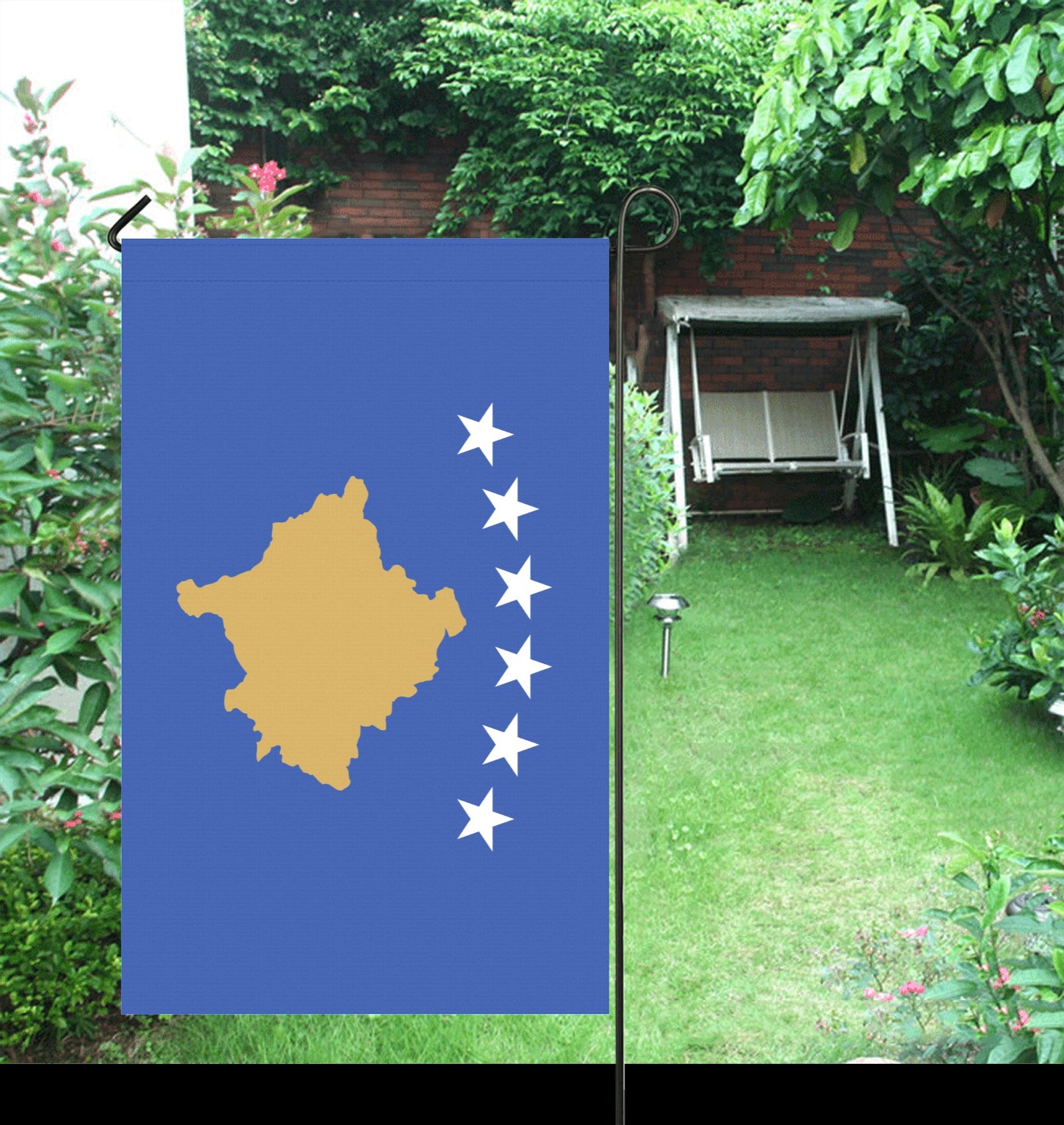 [Luv My Flag] garden flag with Kosovo design, backyard view.