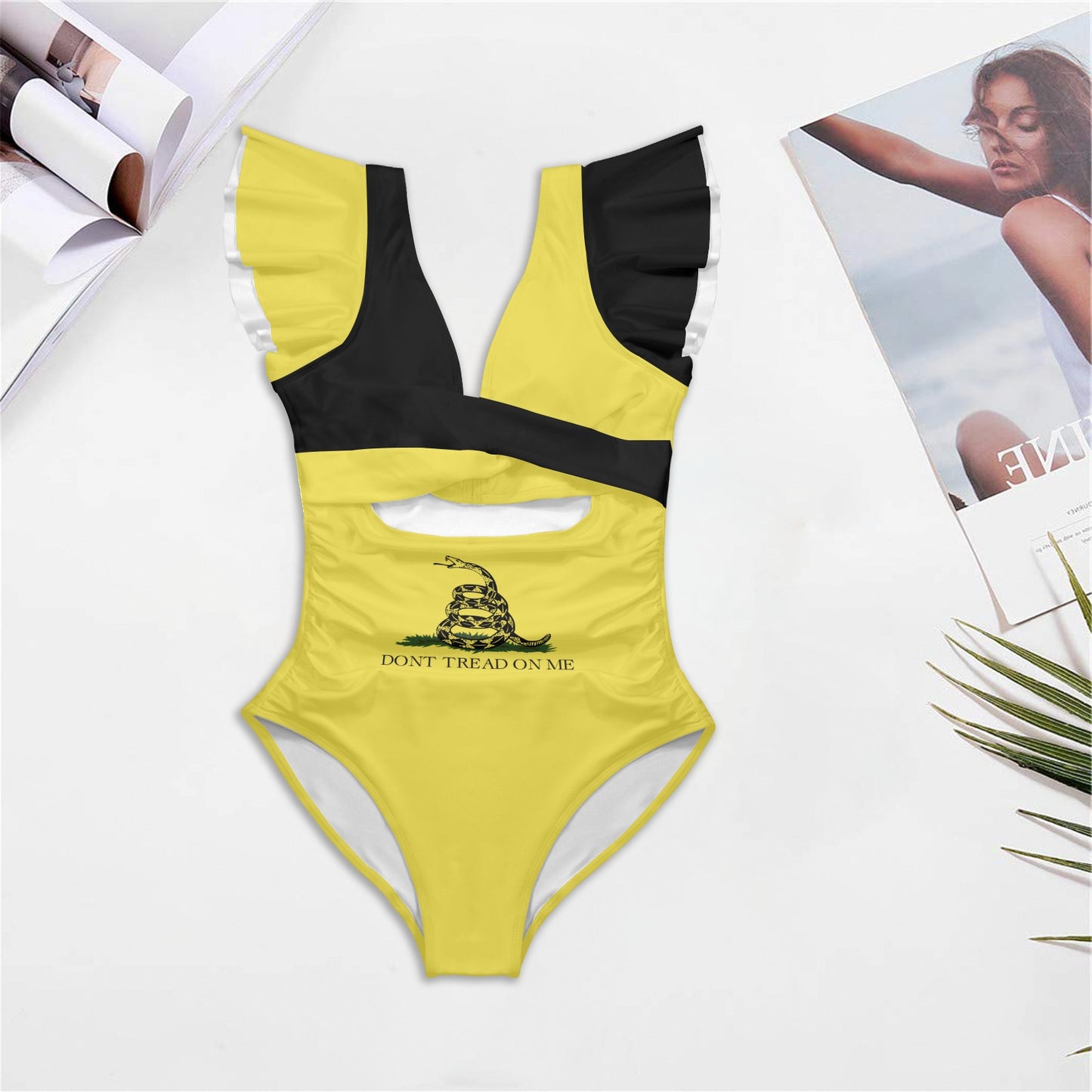 Gadsden Flag Inspired Women's Twist Front Ruffle Sleeve Swimsuit