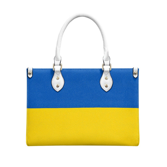 [Brand] handbag with blue and yellow color block design.
