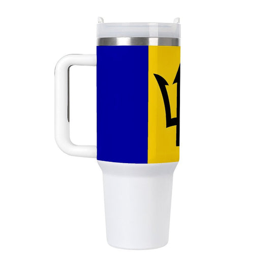 White travel mug with Barbados flag design, [Brand].