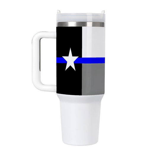 [Brand] travel mug with star and blue stripe design.