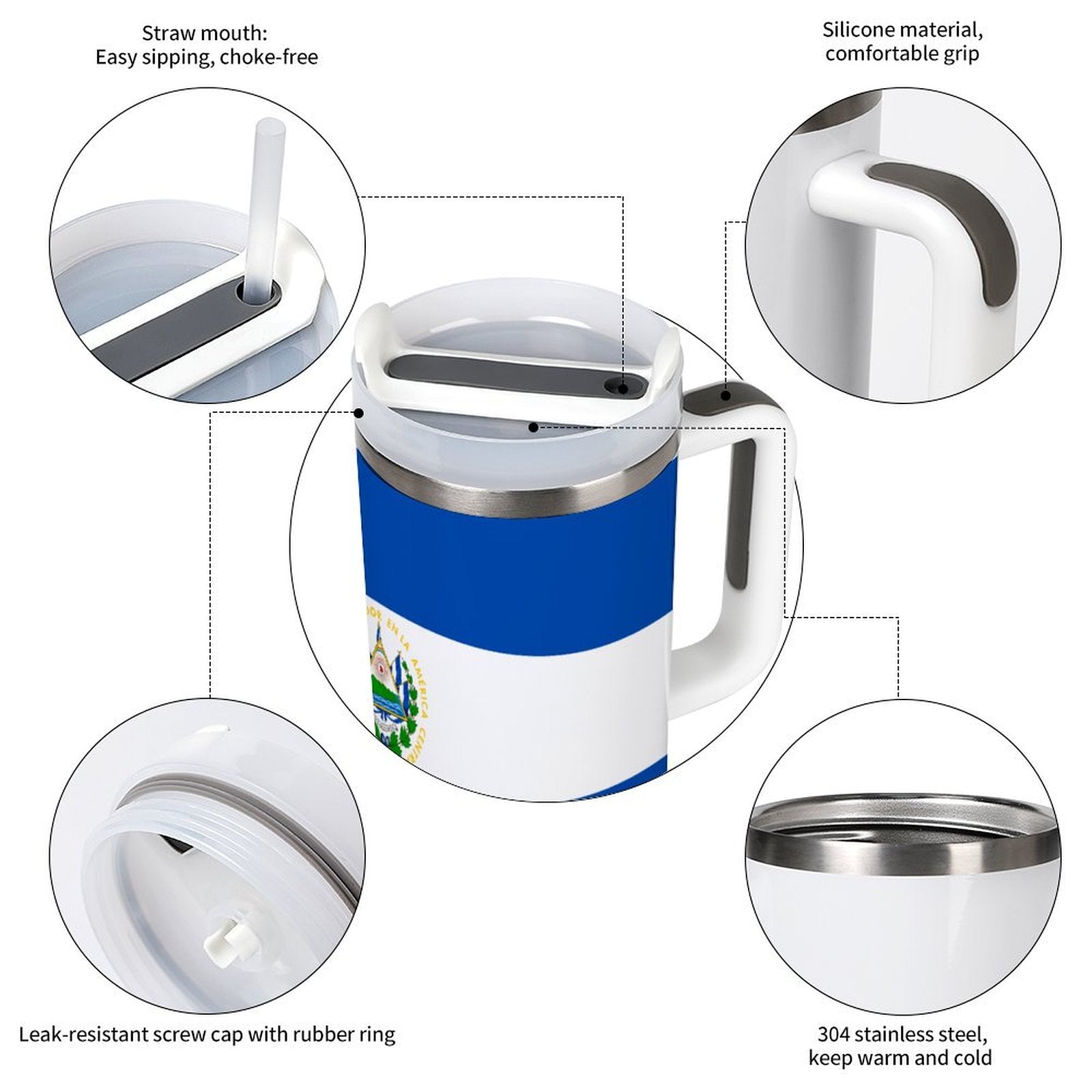 [Brand] mug with straw, screw cap, silicone grip, stainless steel.