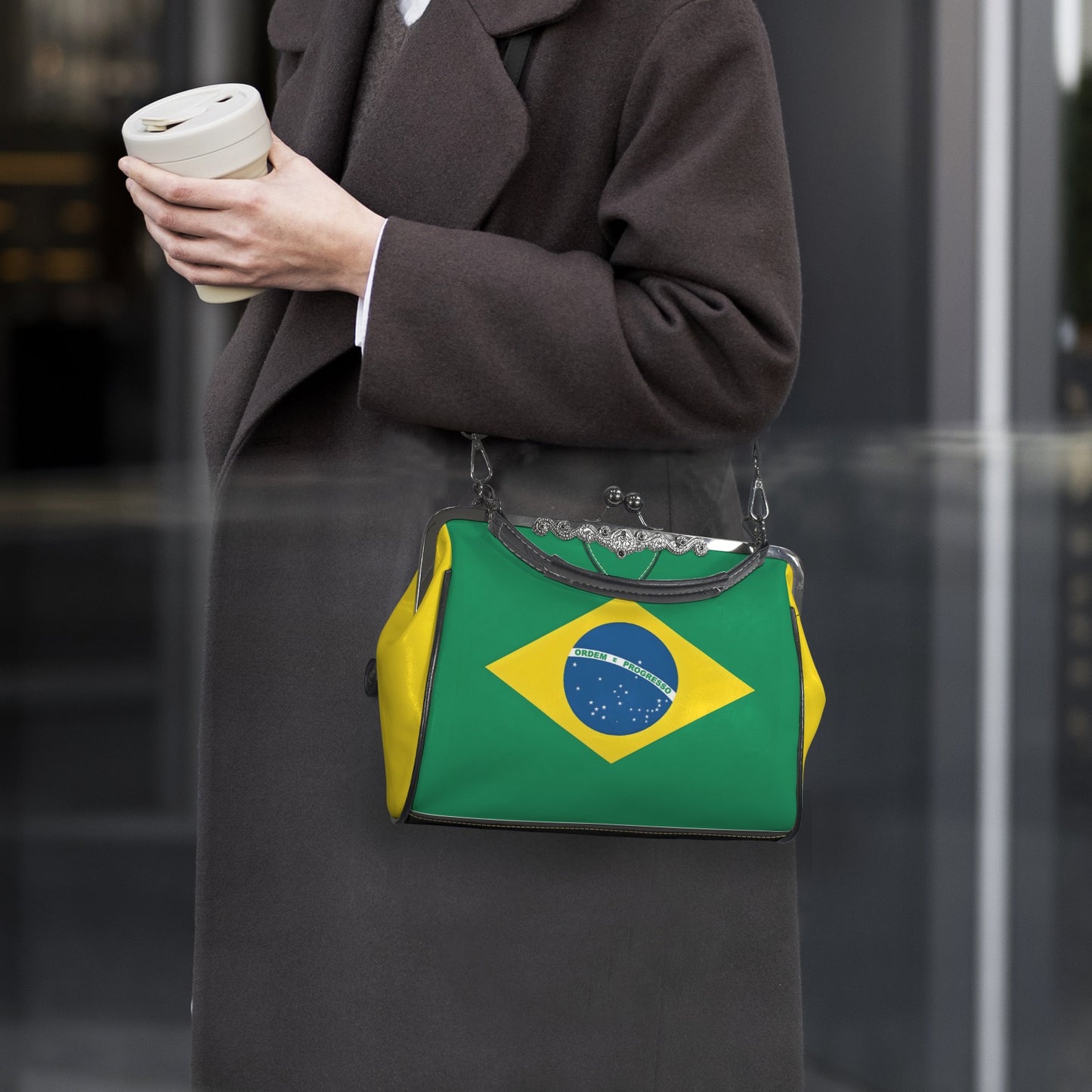 Brazil Flag Inspired Kisslock Crossbody Shoulder Bag