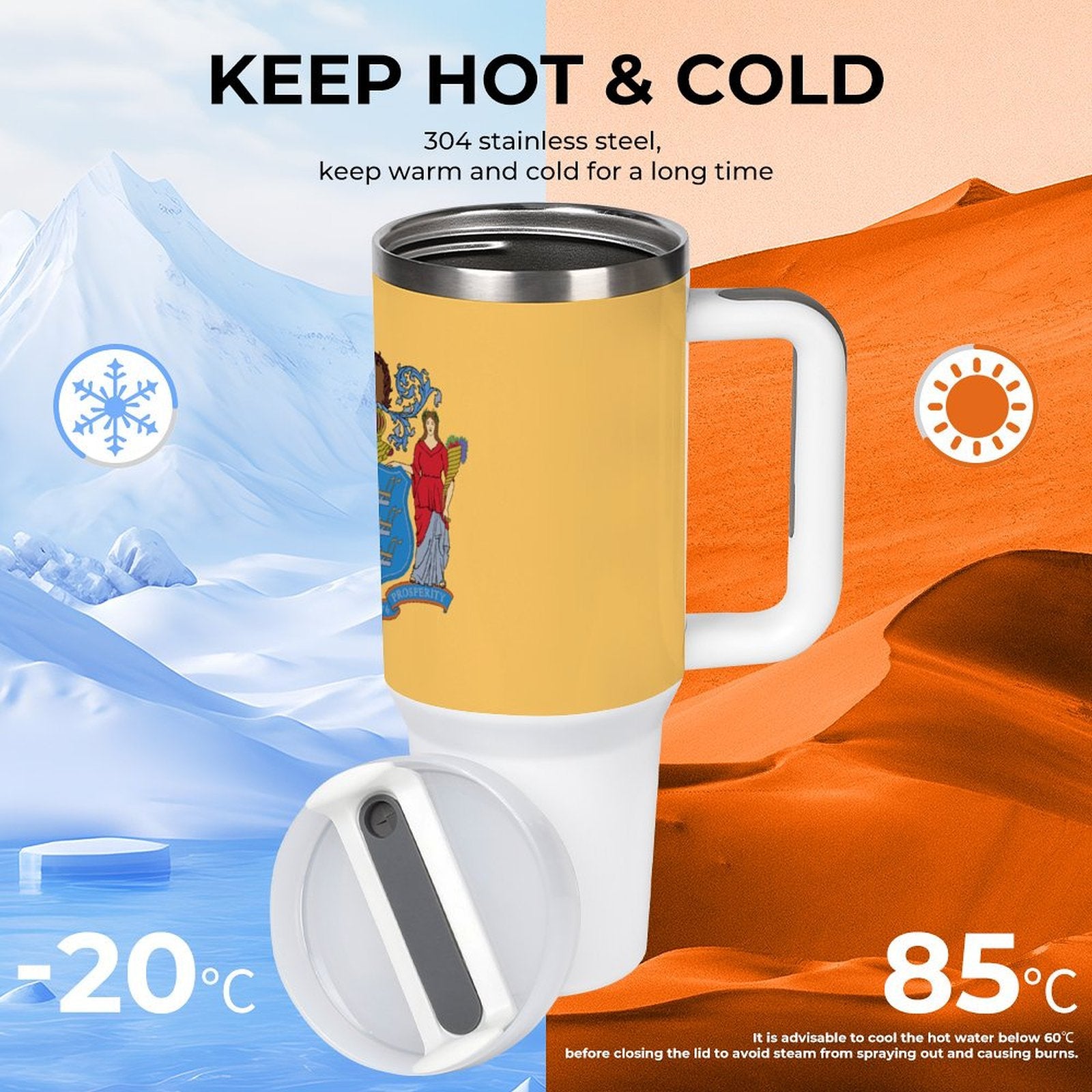 Stainless steel mug for hot and cold drinks, [Brand].