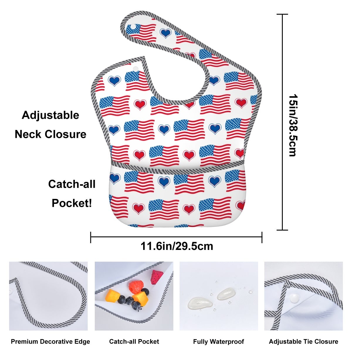USA/American Flag Inspired Flags and Hearts Pattern Baby Bib