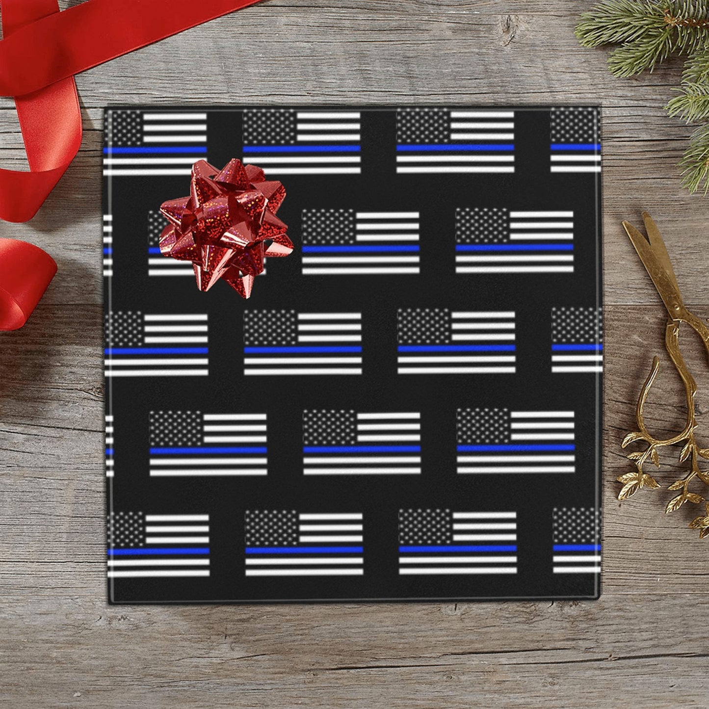 Thin Blue Line Flag Inspired Custom Gift Wrapping Paper 58"x 22.5" (4 Rolls)