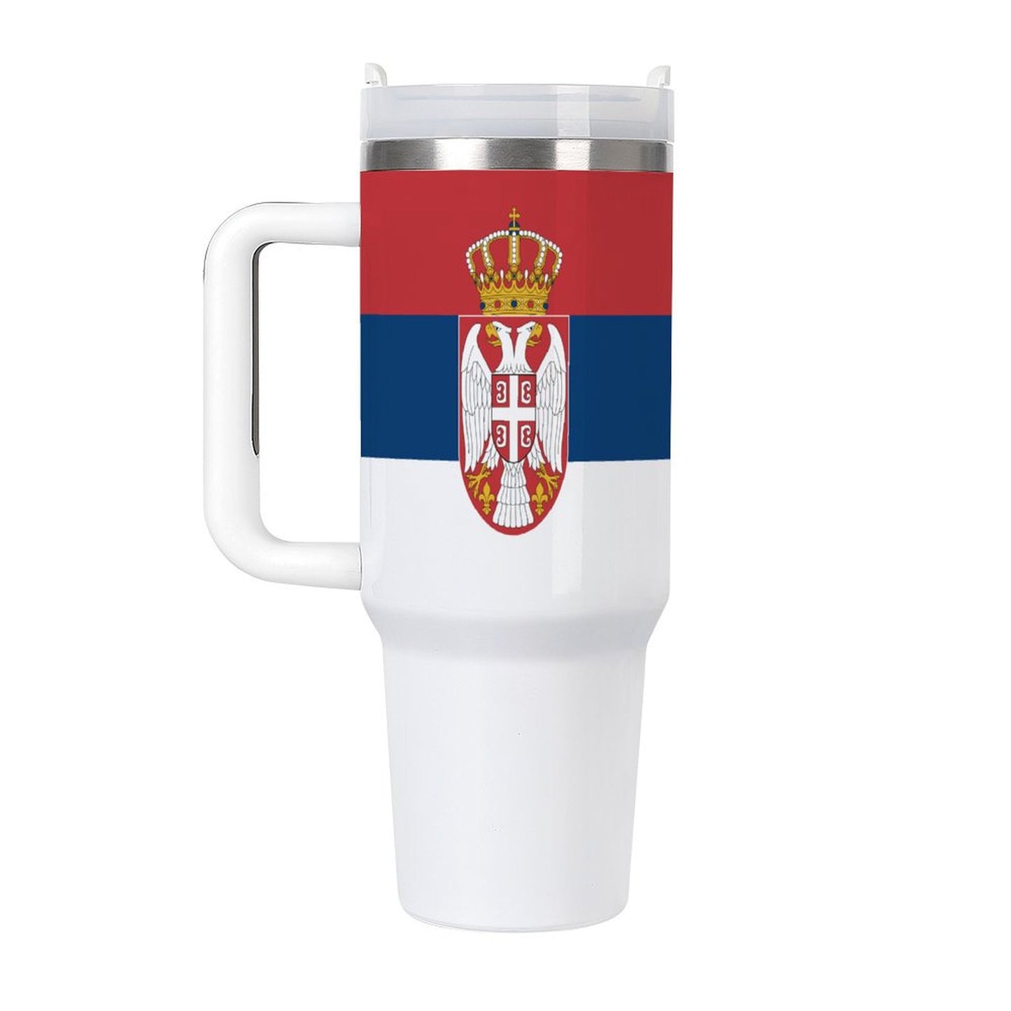 [Brand] travel mug featuring Serbian flag and coat of arms.