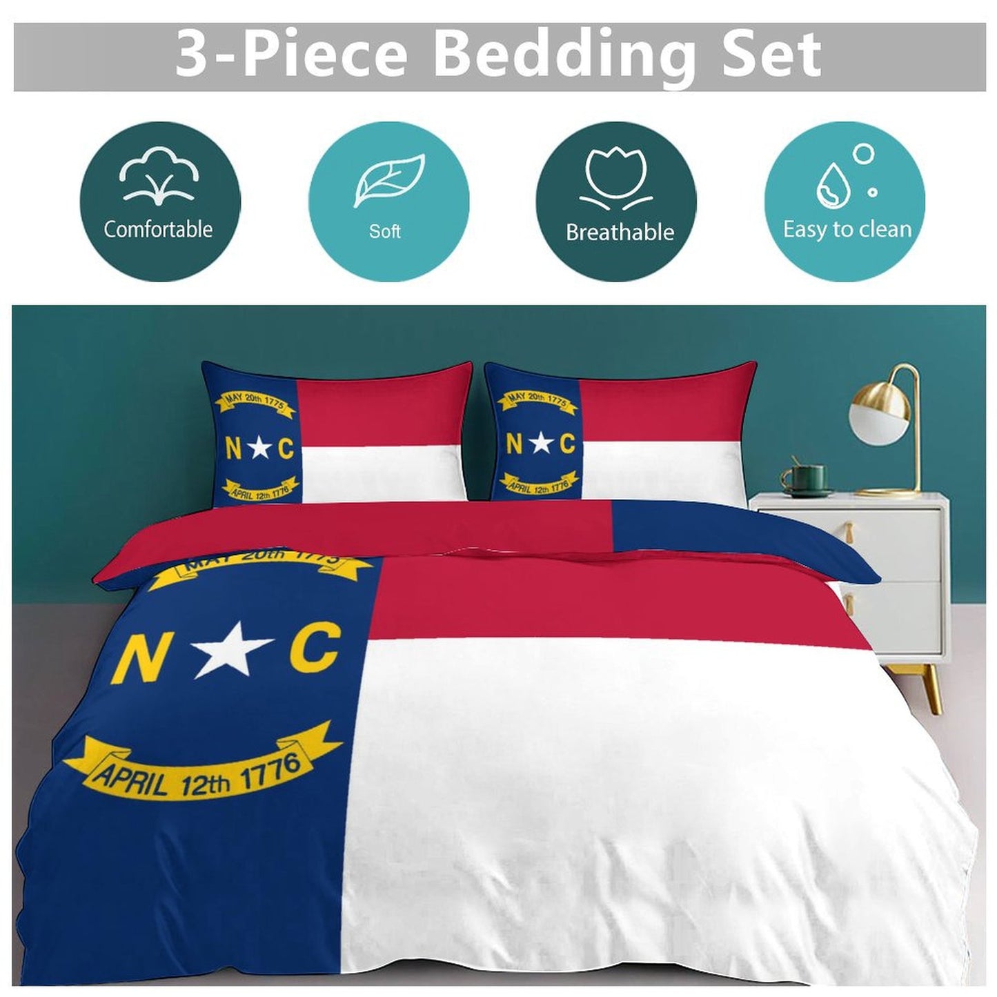 North Carolina Flag Inspired 3-Piece Bedding Set (1 Duvet Cover + 2 Pillow Shams) – 102"×90"