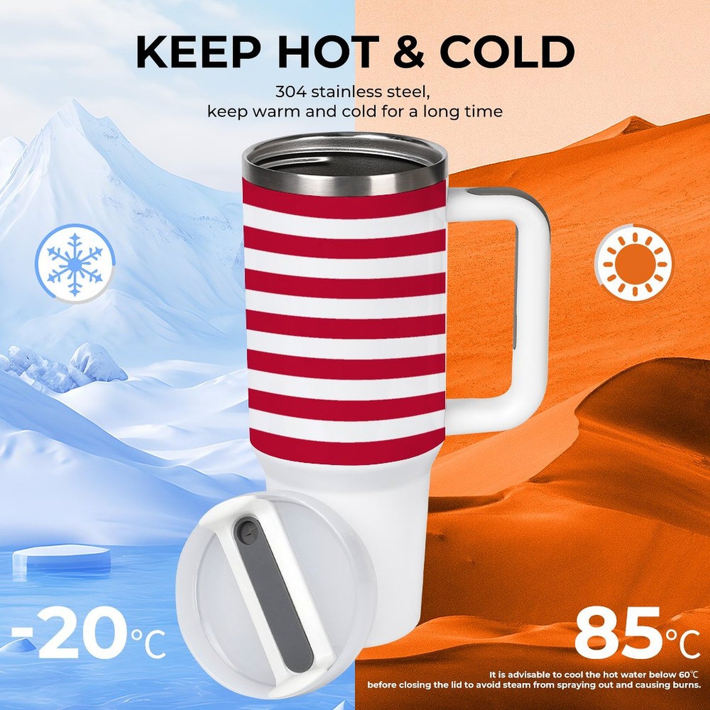 [Brand] mug maintains temperature in hot and cold environments.