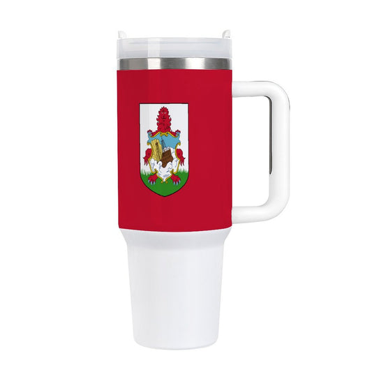 [Brand] red travel mug featuring Bermuda coat of arms.