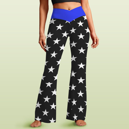 Thin Blue Line Flag Inspired Women's V-Crossover High Waisted Flare Leggings