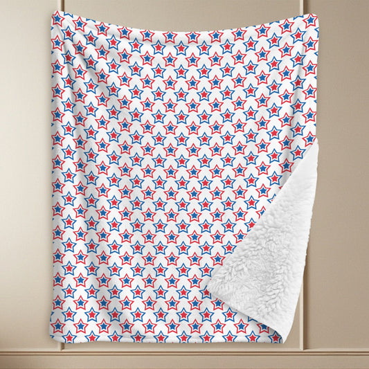 USA/American Flag Inspired Red, White & Blue Stars Pattern Sherpa Fleece Blanket 90" x 108" | Prtinted in the USA