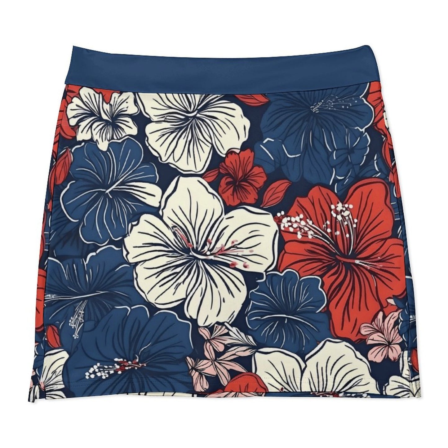 USA/American Flag Inspired Hawaiian Floral Pattern Women’s Skort with Pocket