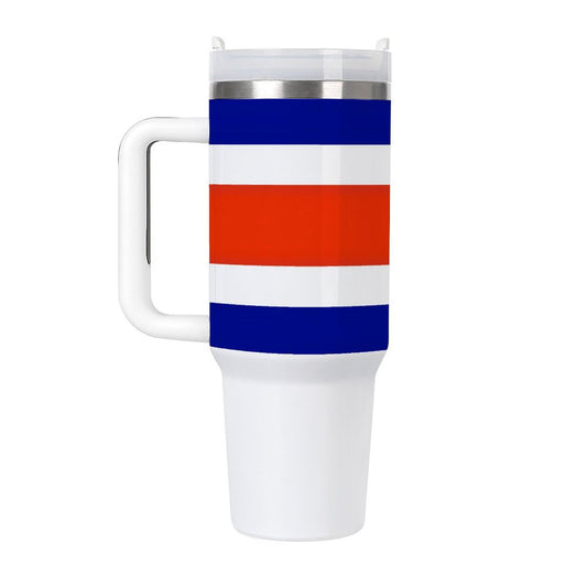 [Brand] travel mug with red, white, blue stripes design.