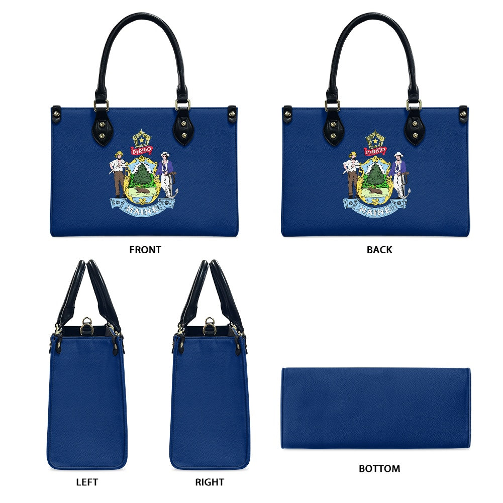 Blue handbag with state emblem and black handles, [Brand].