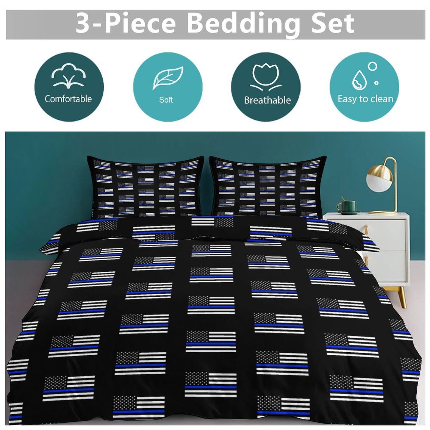 Thin Blue Line Flag Inspired 3-Piece Bedding Set (1 Duvet Cover + 2 Pillow Shams) – 102"×90"