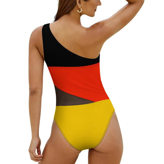 Germany Flag Inspired Women’s One-Shoulder Mesh Swimsuit