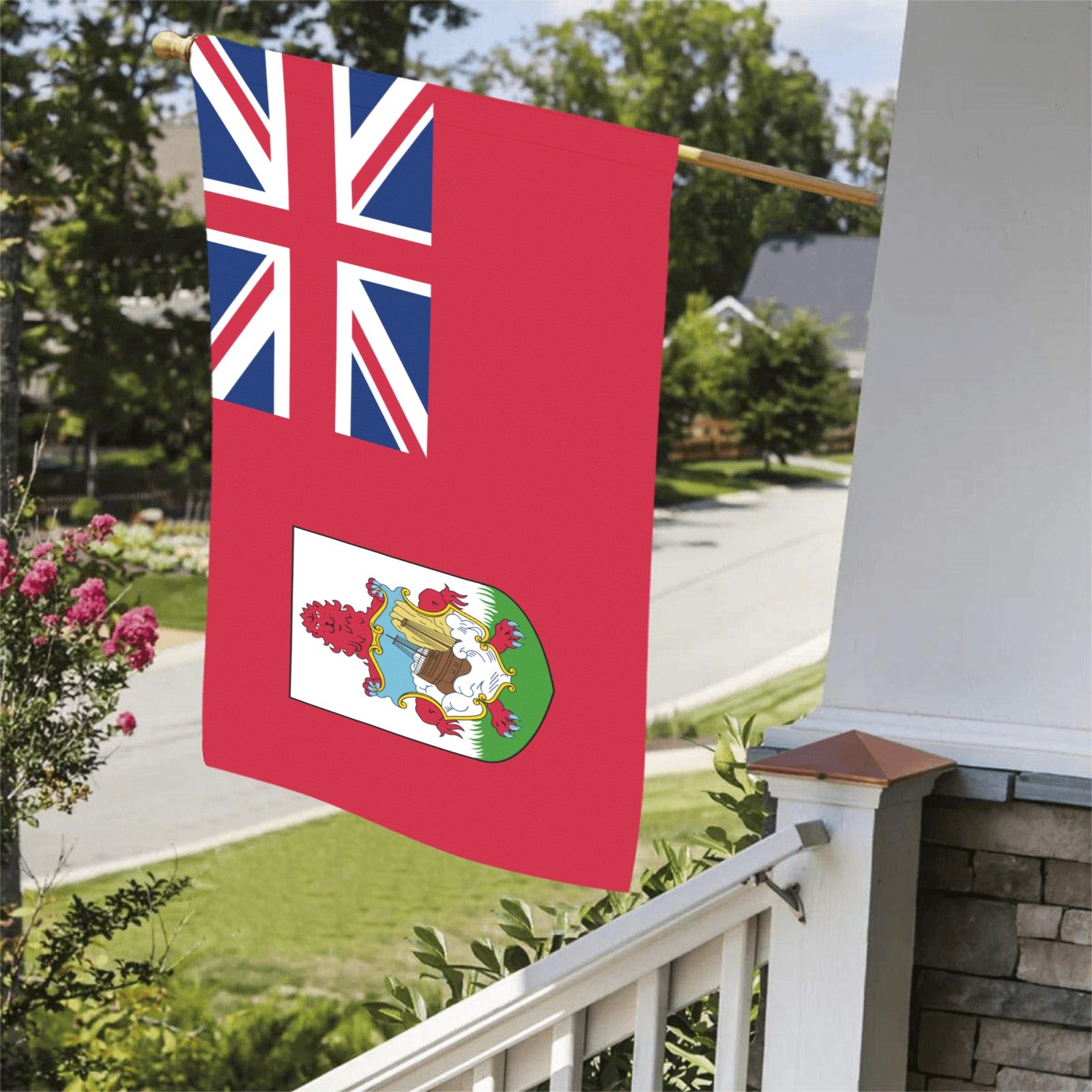 Bermuda flag by Luv My Flag displayed on porch.