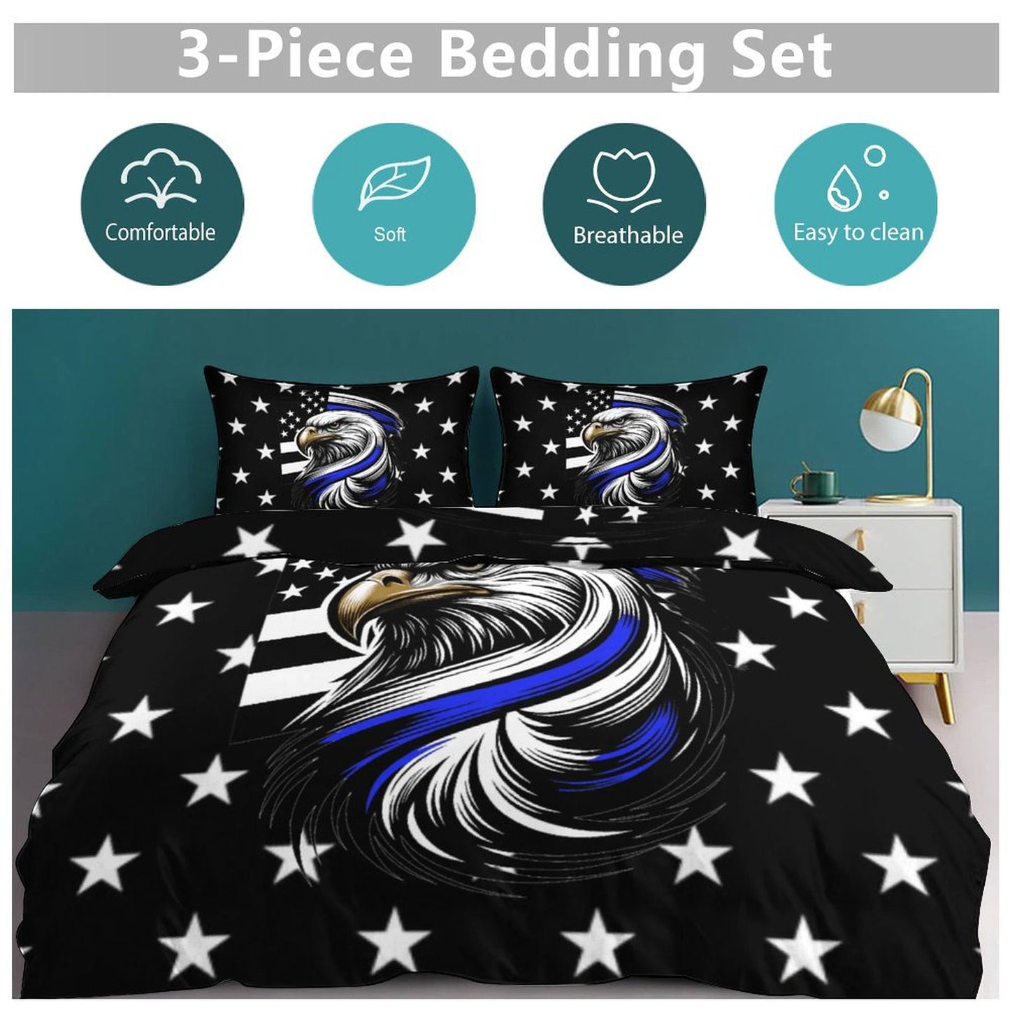 Thin Blue Line Flag Inspired Eagle 3-Piece Bedding Set (1 Duvet Cover + 2 Pillow Shams) – 102"×90"
