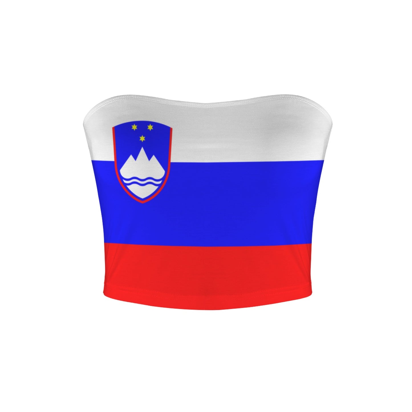 [Brand] tube top featuring the Slovenian flag's colors and emblem.