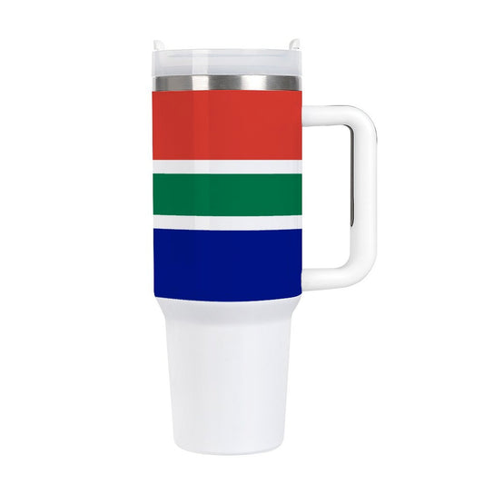 White tumbler with tricolor stripes by [Brand].