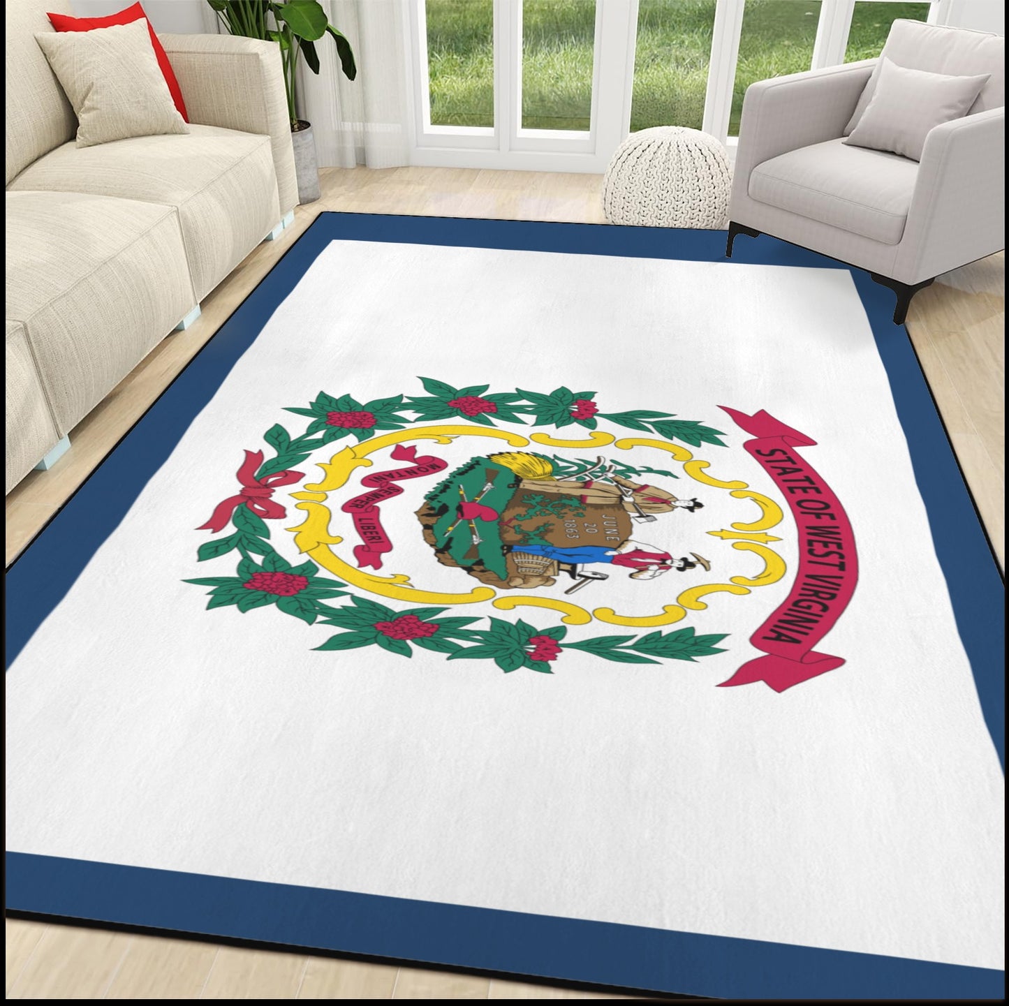 West Virginia Flag Inspired 84x60 Inch Area Rug with Black Binding (Made in the USA)