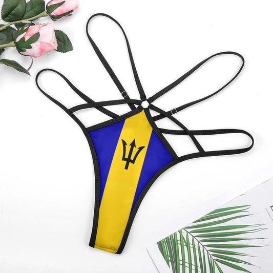 Strappy swimsuit with Barbados flag design, [Brand] style.