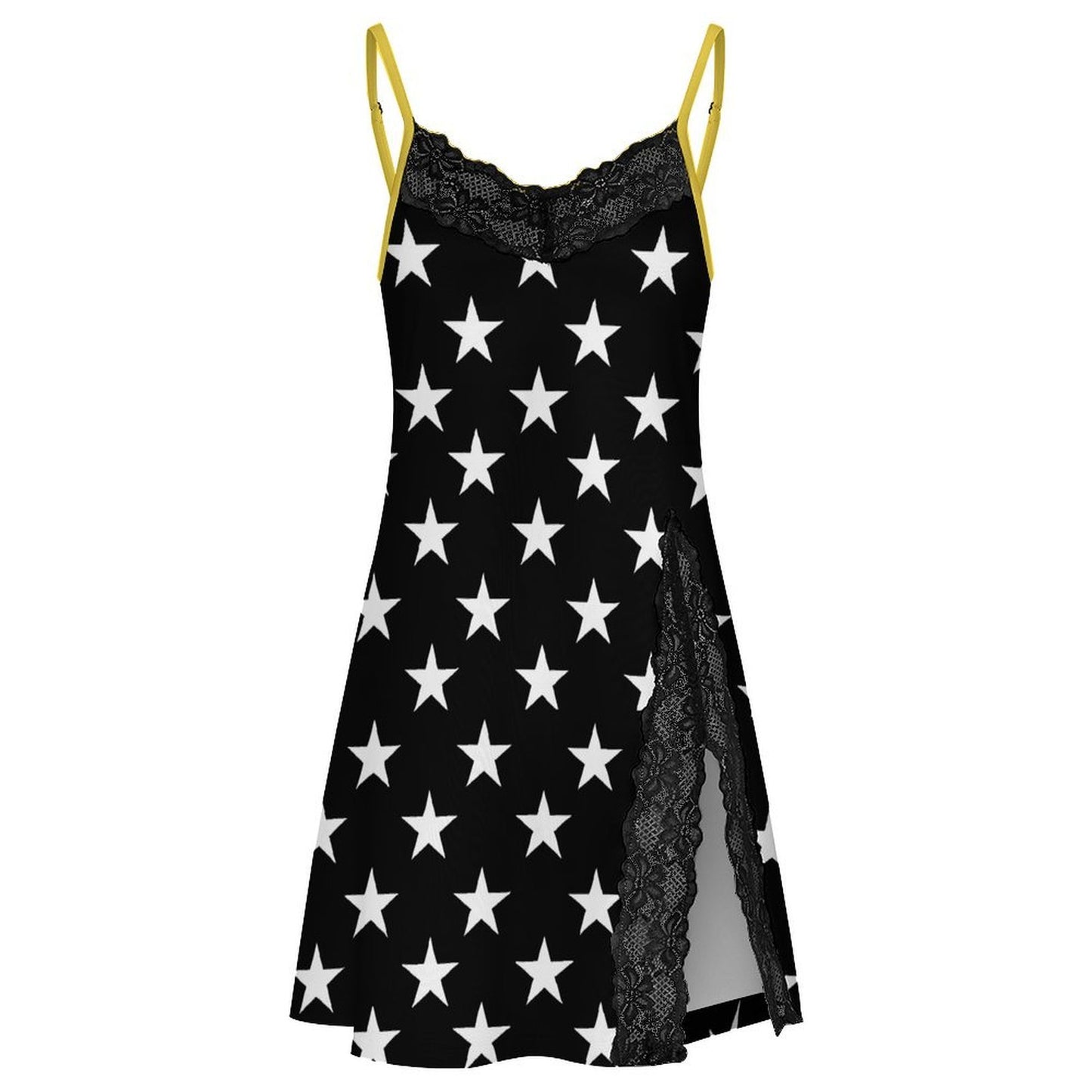 Thin Gold Line Flag Inspired Style-2 Women's Lace Slit Cami Pajama Dress