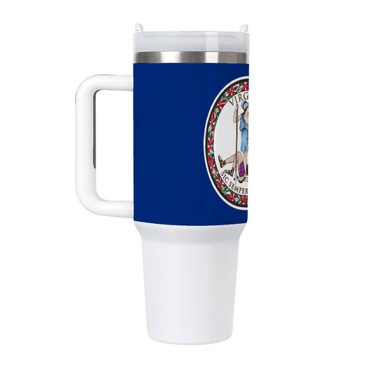 "Blue [Brand] travel mug with Virginia state flag design."
