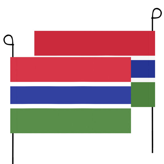 Luv My Flag, two Gambia flags on black poles displayed.