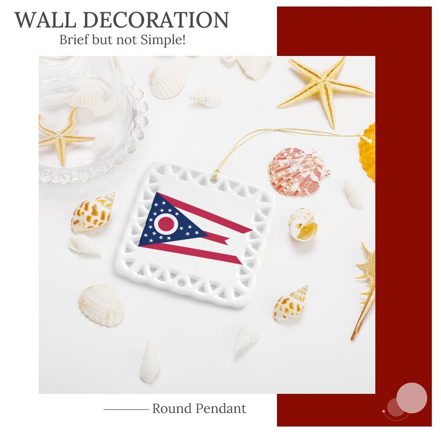 Ohio Flag Inspired Square Ceramic Ornament Made in the USA