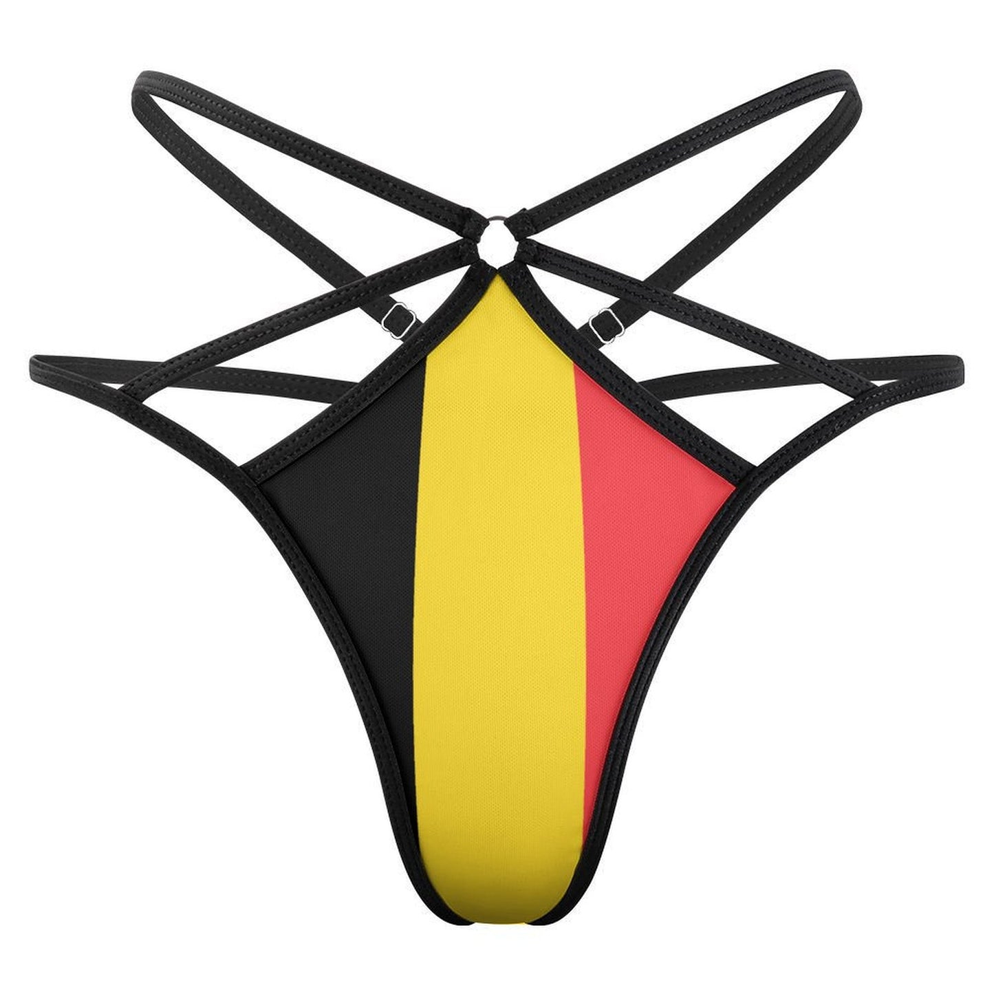 [Brand] multicolor strappy thong featuring black, yellow, and red.